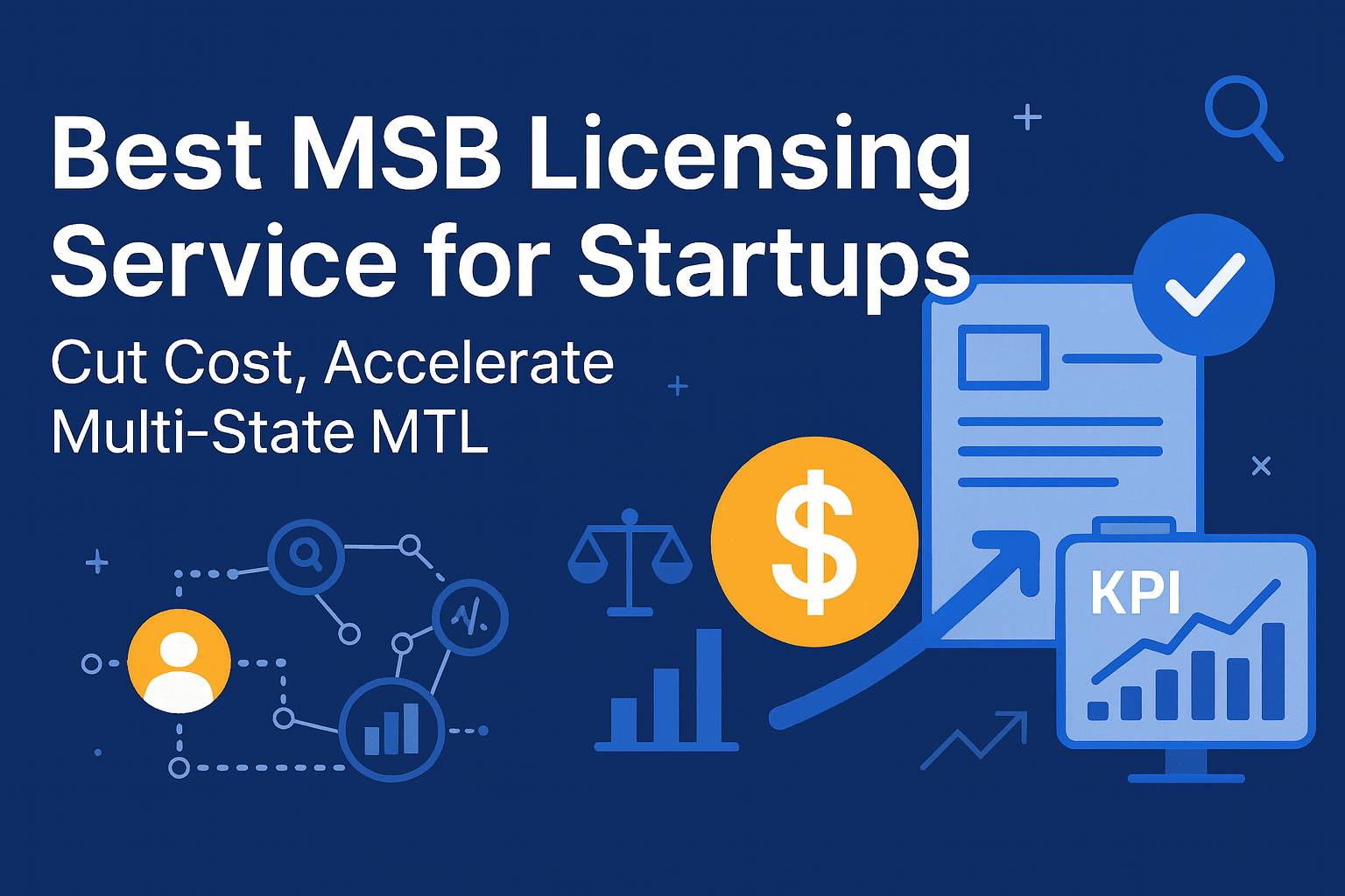 A complex dark fintech illustration showing MSB licensing, compliance documents, financial icons, and startup growth workflow.”